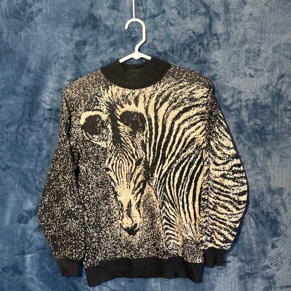 Vintage 80s Wayne St.John Zebra Knitted Unique Casual Sweater Made in USA Size P - Picture 1 of 7